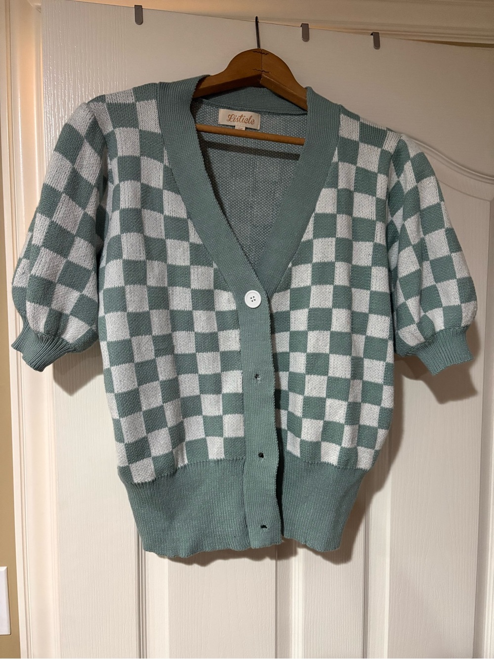 NWOT- Listicle Mint Green & White Checkered Short Sleeve Cardigan